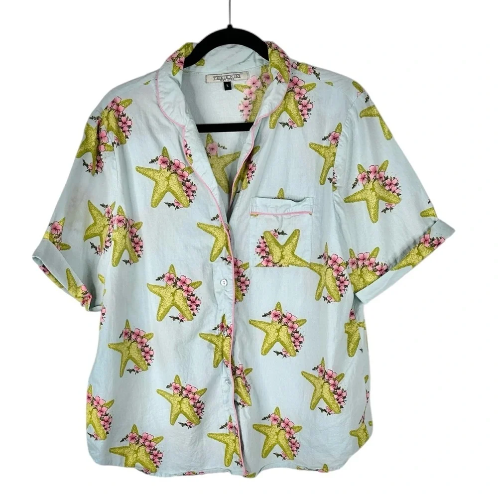 Their Nibs Floral Starfish Nautical 100% Cotton Button Down Pajama‎ Top Size L